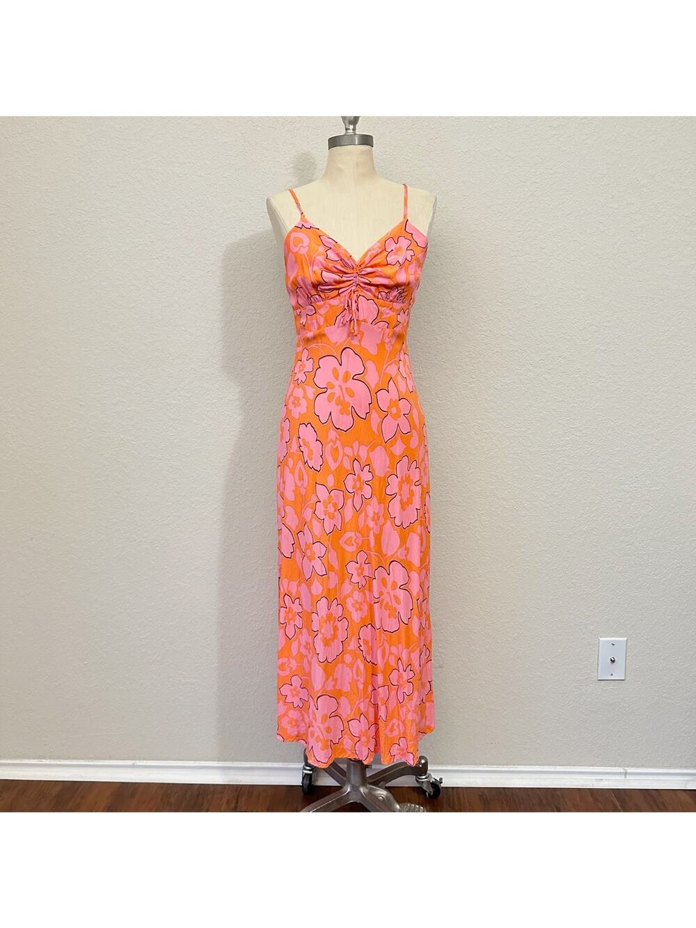 FAITHFULL THE BRAND Shayna Dress Orange Pink Floral Slip Ruched